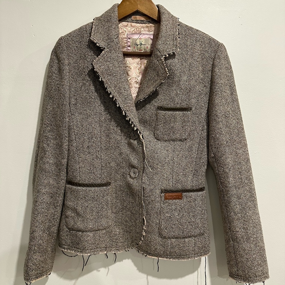 PEPE JEANS Wool Blend‎ Boho Distressed Fringe Elbow Patch Blazer Size M